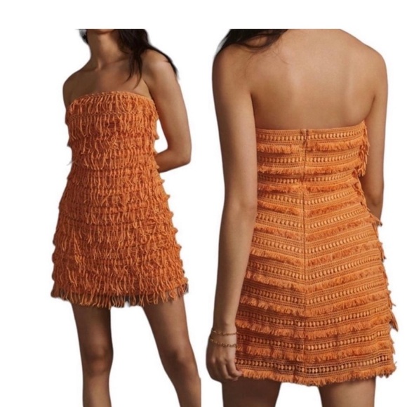 Anthropologie Let Me Be Orange Fringe Tube Mini Dress - Picture 1 of 12